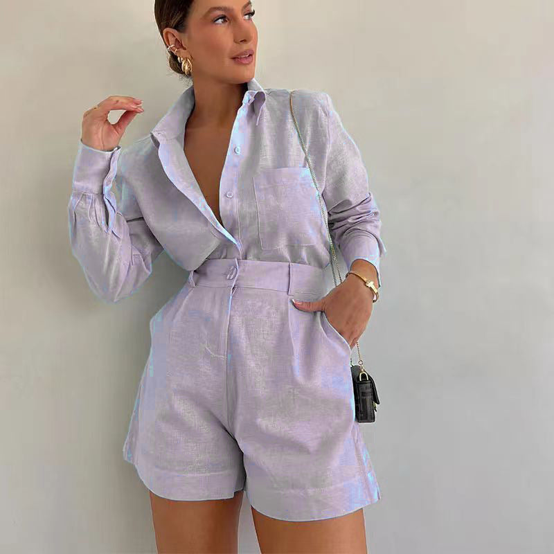 Women casual long-sleeved shirt and shorts two-piece set 9