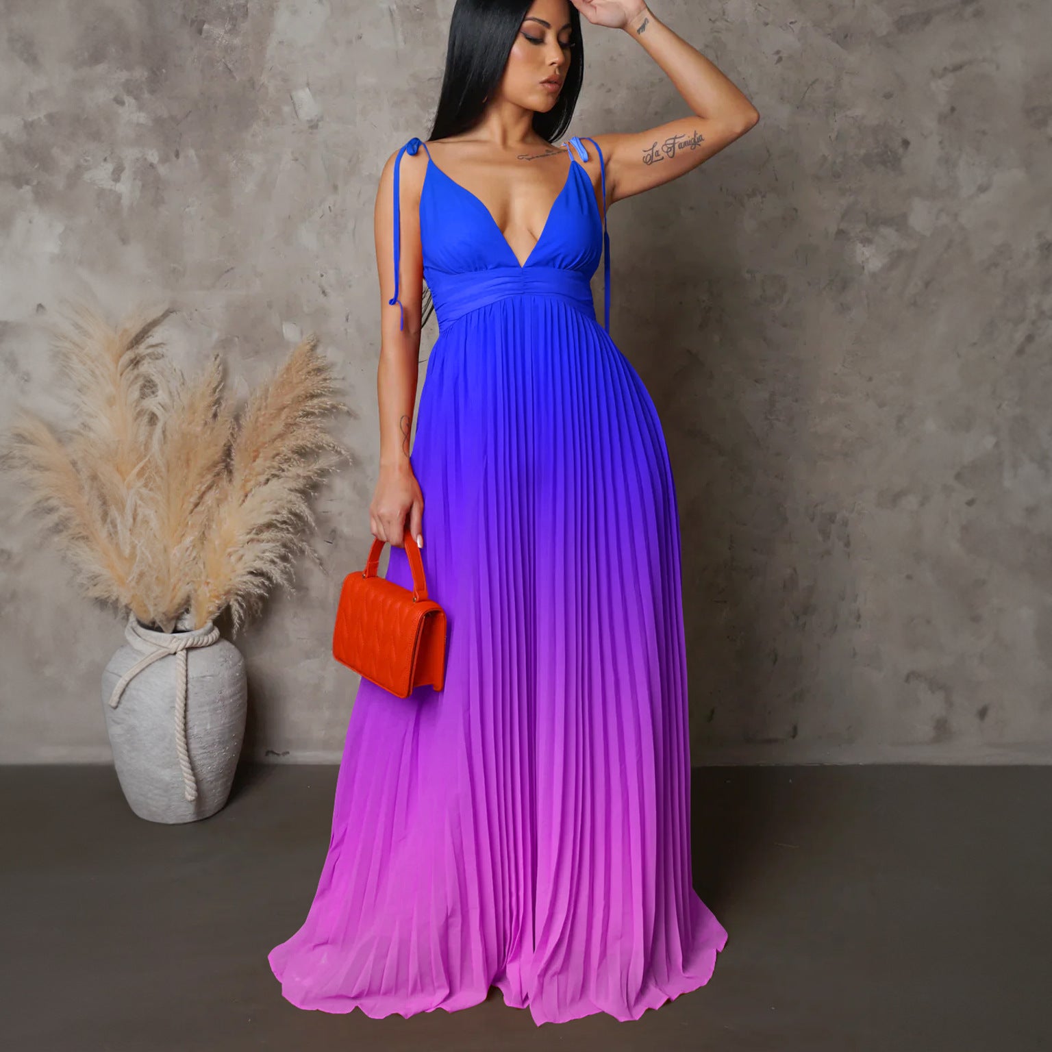 Summer Lace-Up Strap Low Back Sexy Gradient Color Long Dress