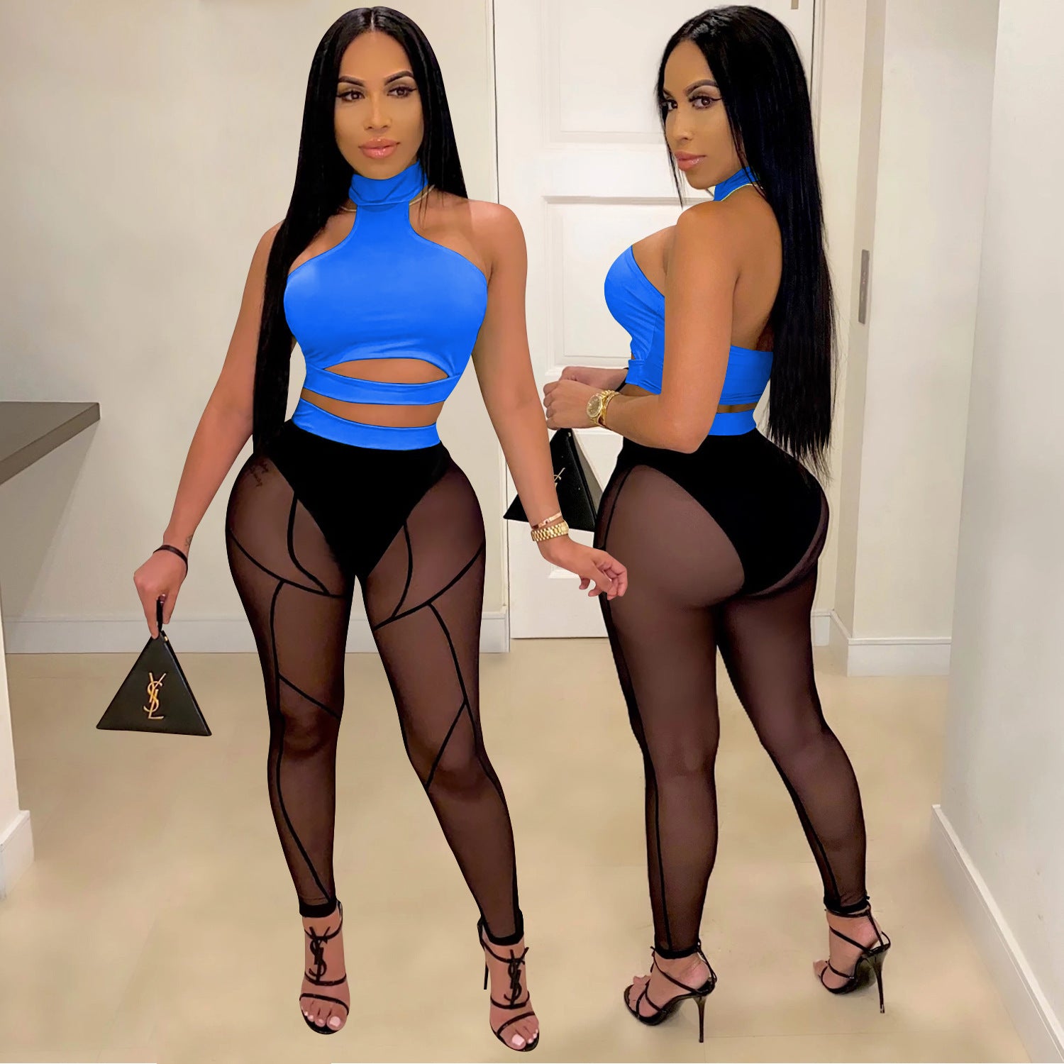 Women See-Through Colorblock Top and Pant Two Piece Set 8