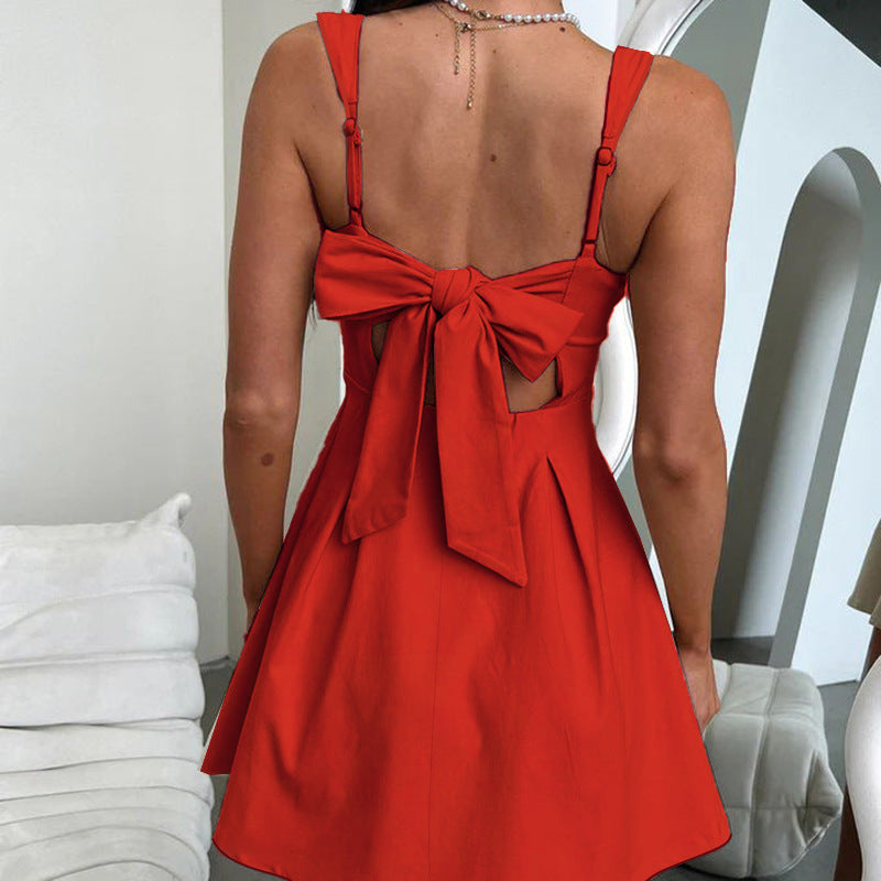 Women Suspender Backless Bow Dress 4