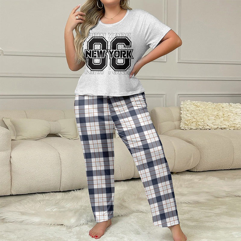 Summer No.96 Print Short Sleeve Top Plaid Pants Women's Home Clothes Plus Size Pajamas 4