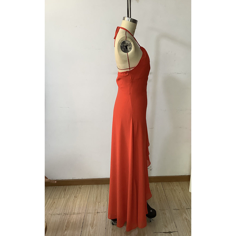 Women Elegant Halter Neck Strapless Backless Sleeveless Slit Ruffle Dress 7