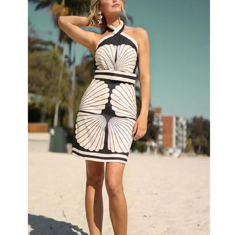 Women Summer Sexy Shell Print Halter Neck Lace-Up Dress 6