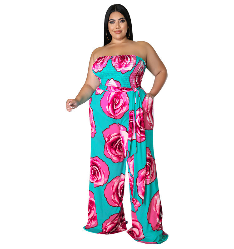 Plus Size Women summer sleeveless rose flower Strapless Jumpsuit 7