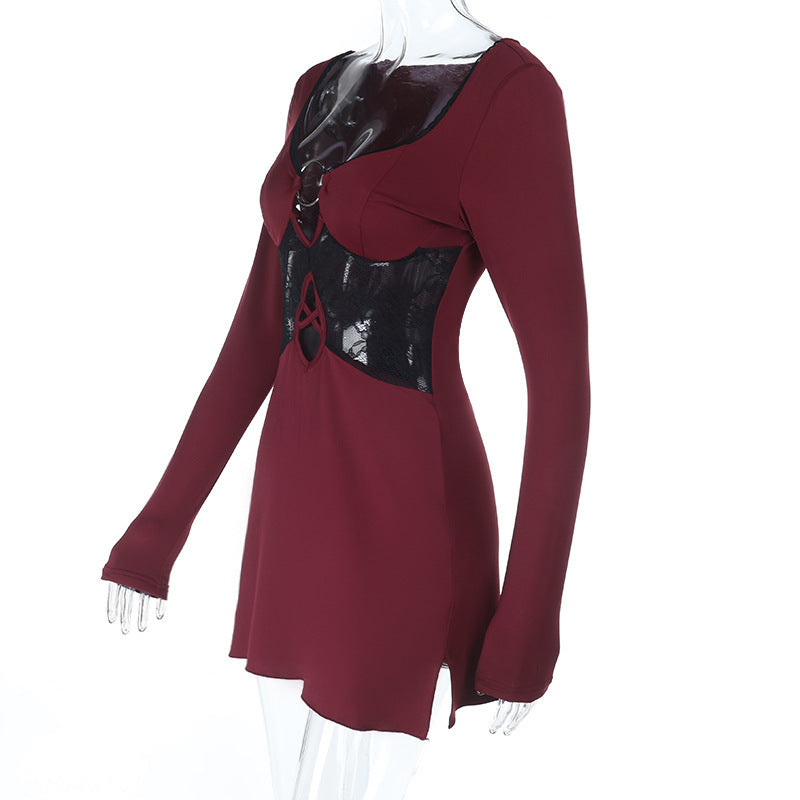 Women Fall/Winter Sexy Cutout Lace Patchwork Long-sleeved dress 8