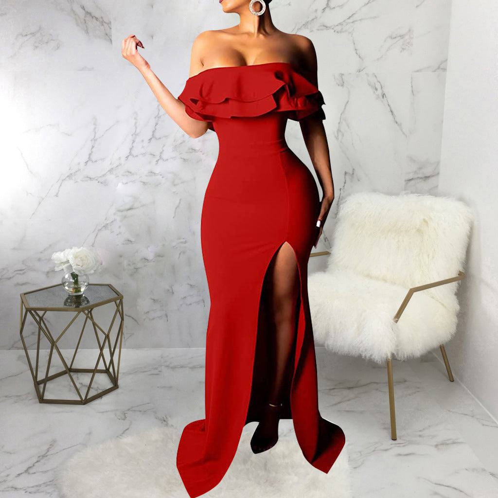 Sexy Fashion Ruffle Off Shoulder Split Dress 25