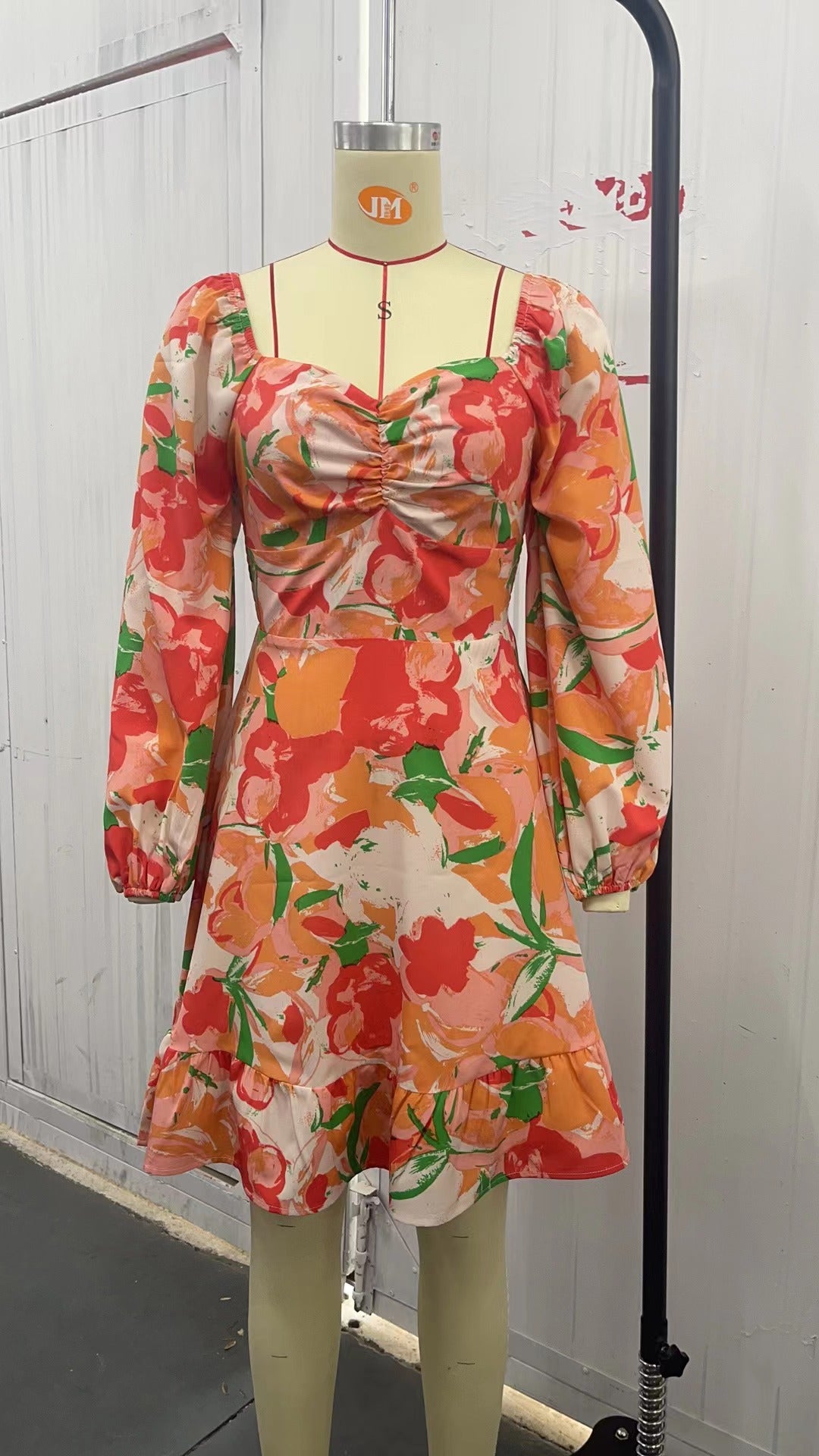 Spring, Summer And Autumn Chic Flower Printed Long-Sleeved Women's Pleated Dress 7