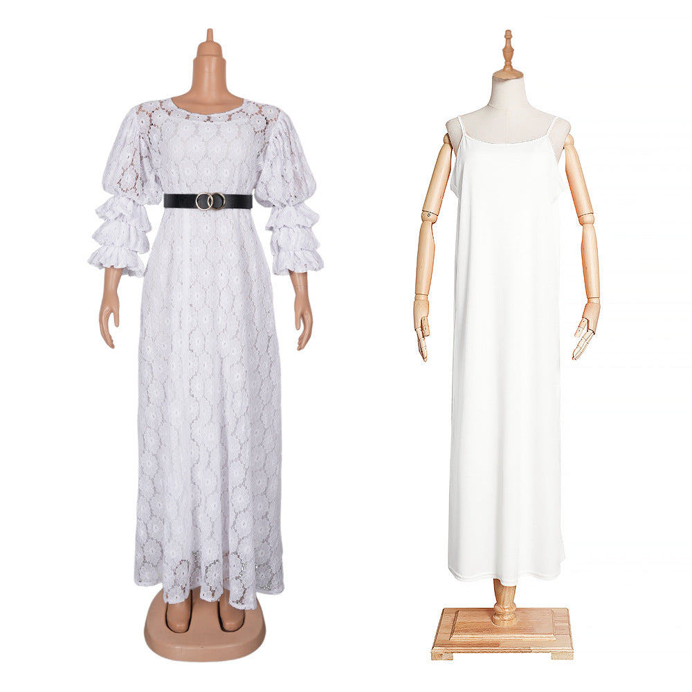 Plus Size Women African Round Neck Lace Dress 6