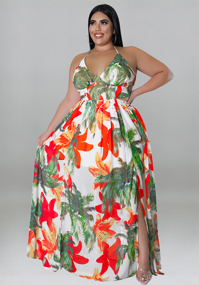 Plus Size Women summer sexy Lace-Up Backless print dress