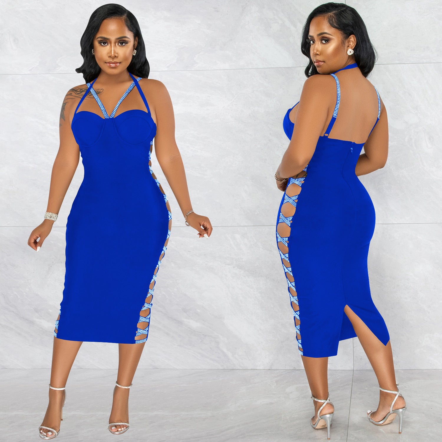 Solid color sexy suspenders hollow zipper long skirt slit dress women 4