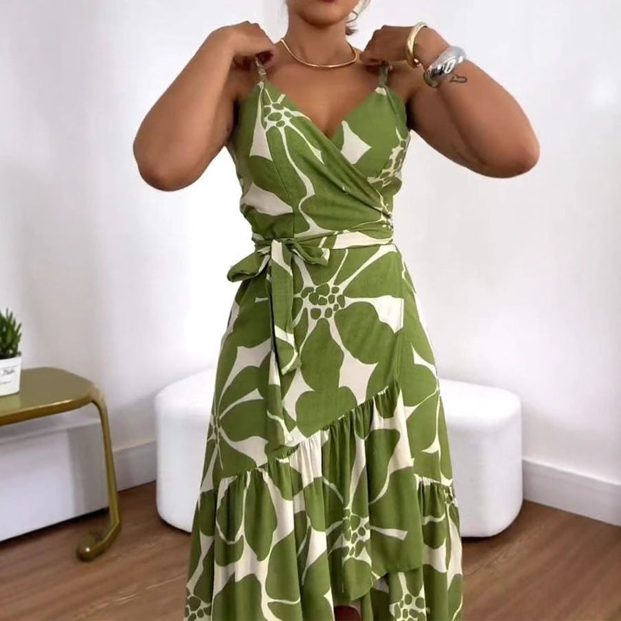 Women Summer Elegant Cross Neck Belt Floral Print Dress 3