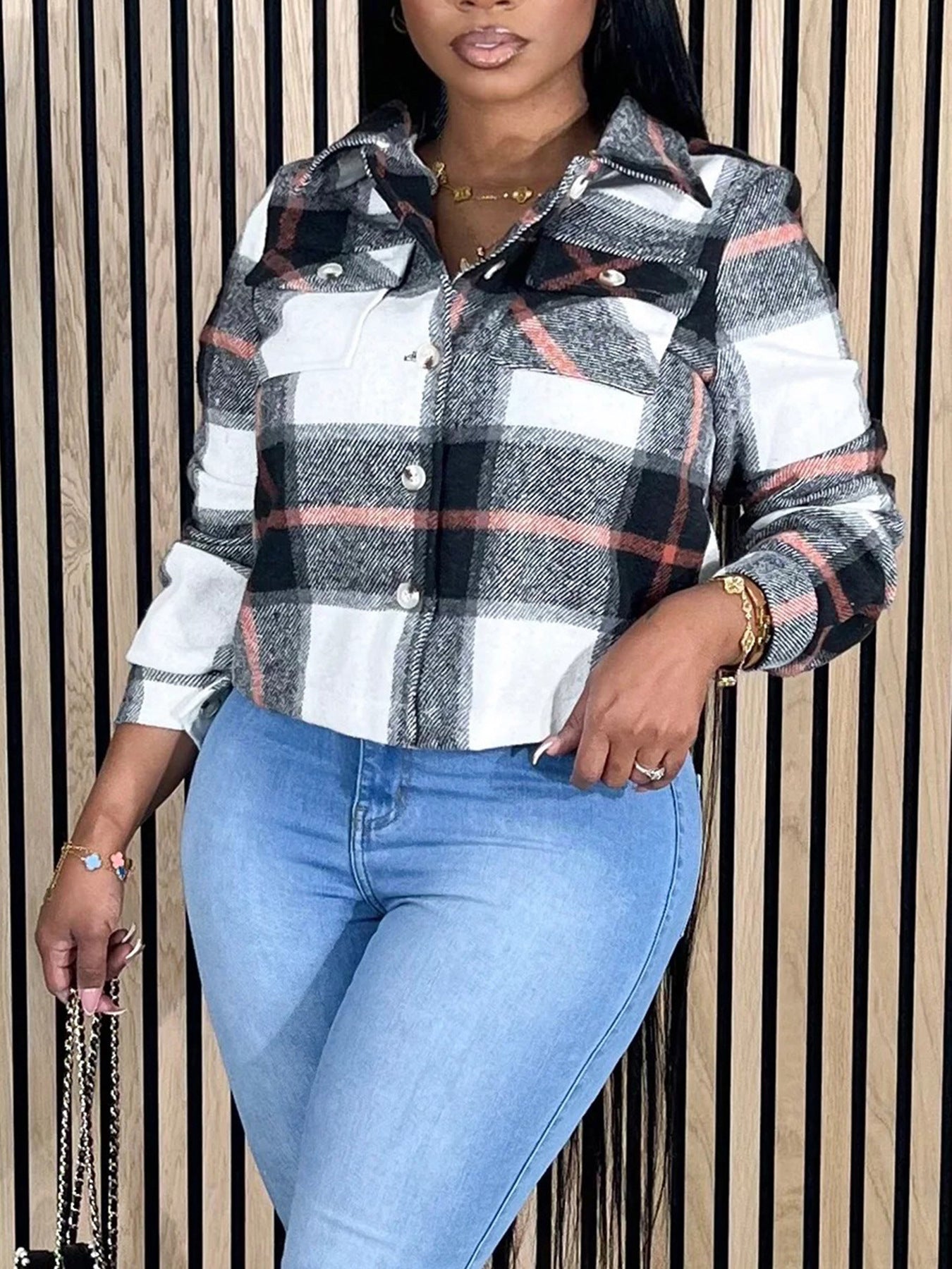 Women's Fashion Casual Plaid Shirt Coat