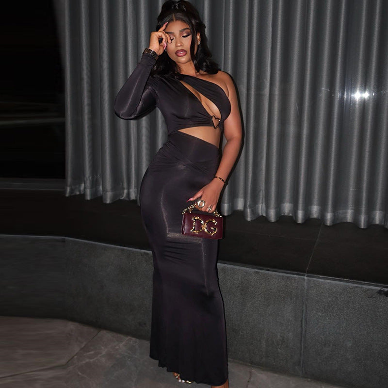 Women Solid Hollow Asymmetric One Shoulder Slash Shoulder Dress 4