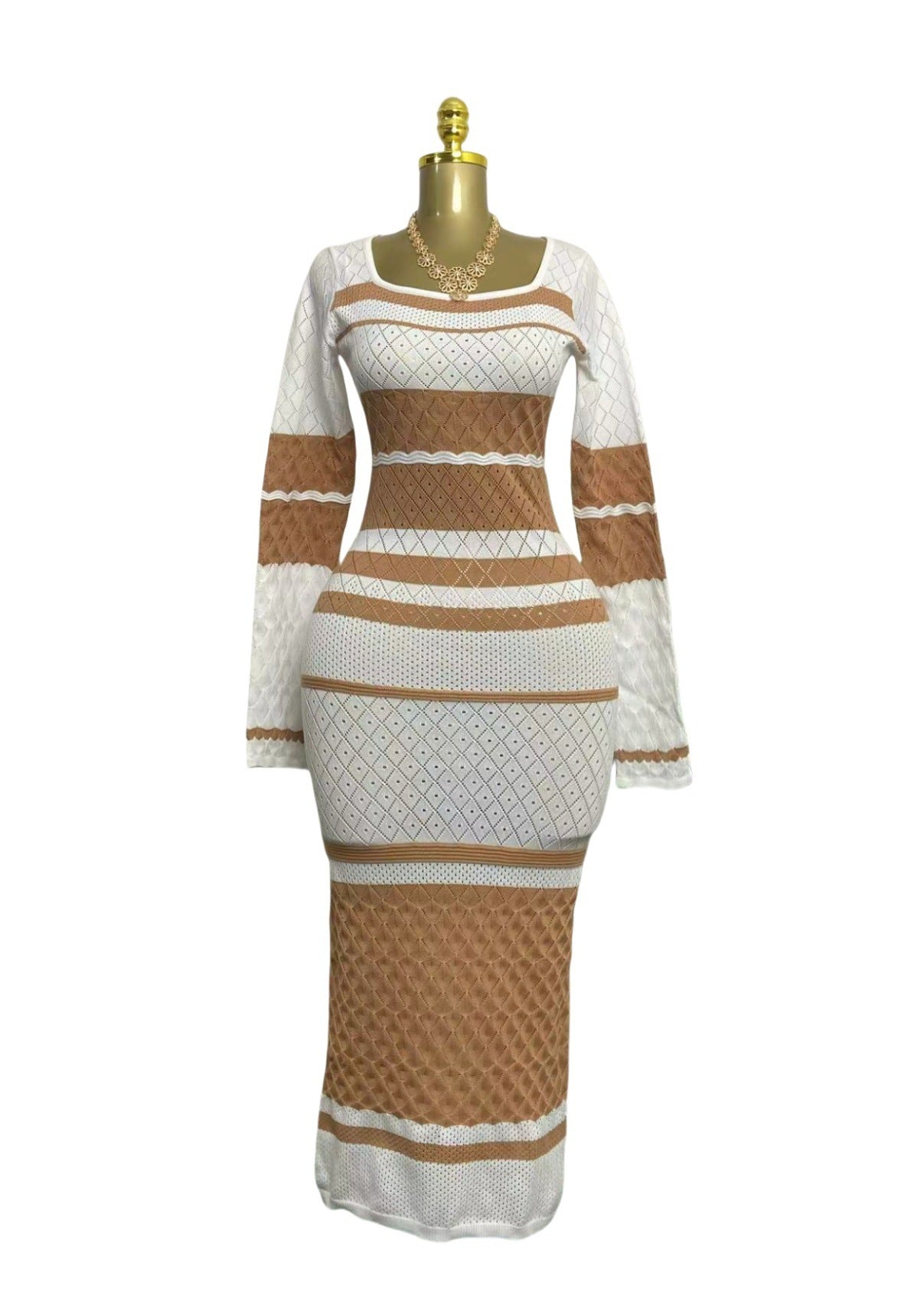 Autumn Multi-Color U-Neck Sexy Cut-Out Long-Sleeve Knit Long Dress 5