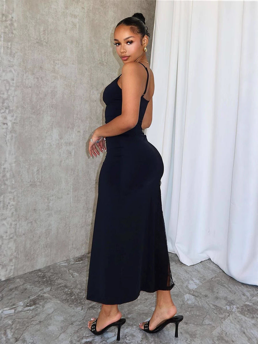 Sexy Low Back Lace Trim Patchwork Strap Long Slit Dress