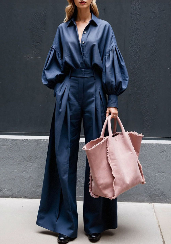 Autumn Solid Long-Sleeve Shirt & Wide-Leg Pants Linen Two-Piece Set