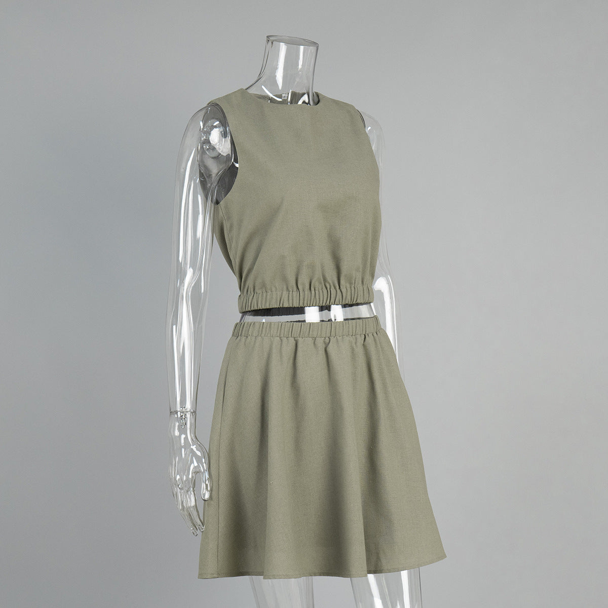 Round Neck Vest & Pleated Skirt Set Spring Summer Linen Comfortable Casual Short Skirt Set for Women 8
