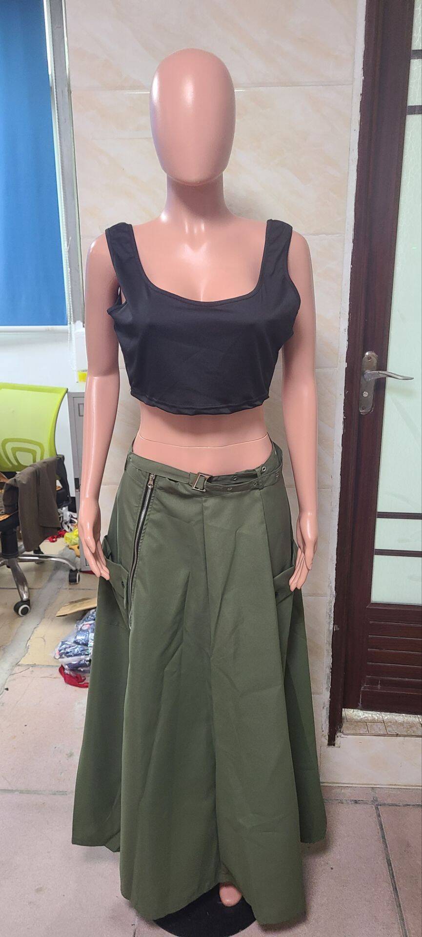 Summer Women's Sleeveless Solid Color Slit Two-Piece Skirt Set 9