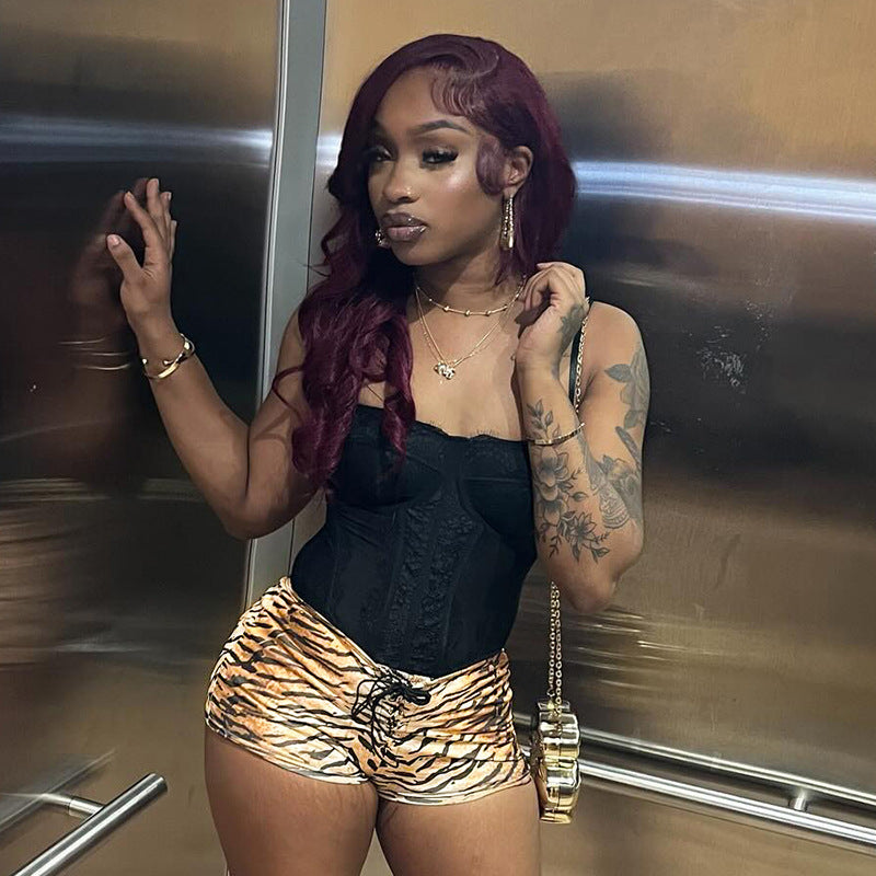 Women's clothing sexy tiger print Lace-up Tight Fitting shorts