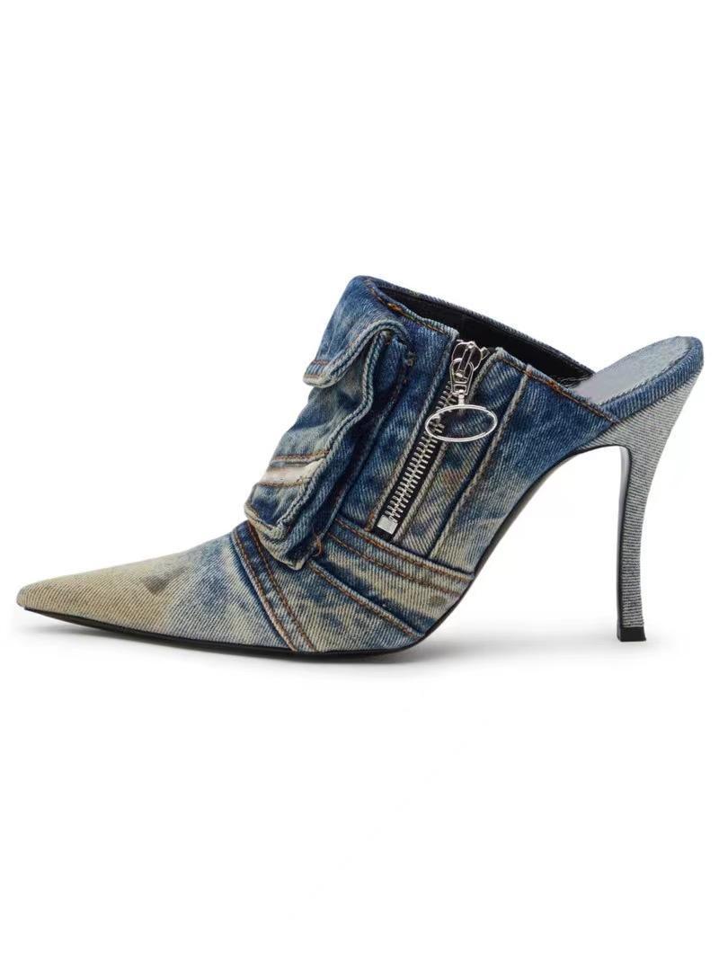 Pointed Denim Patchwork Stiletto Plus Size Women's Slippers 4