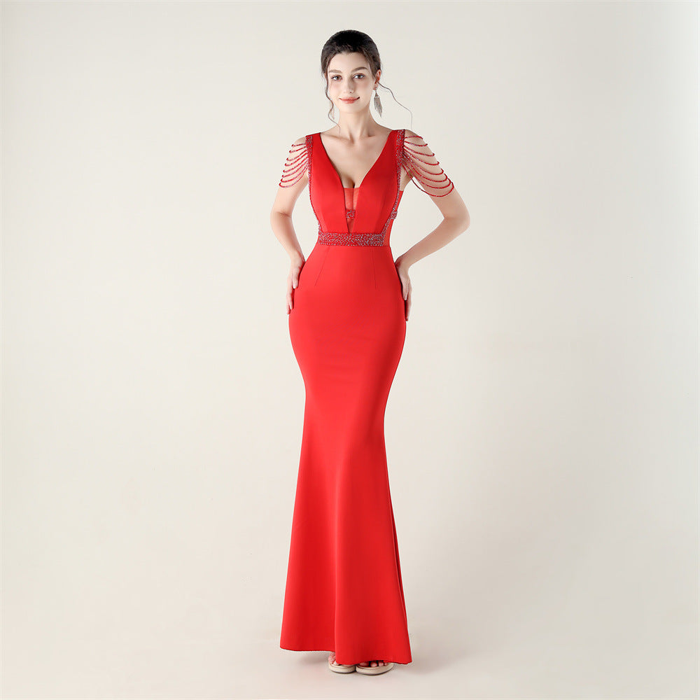 Deep V-Neck Beaded Slim Fit Formal Parties Weddings Evening Dress 9