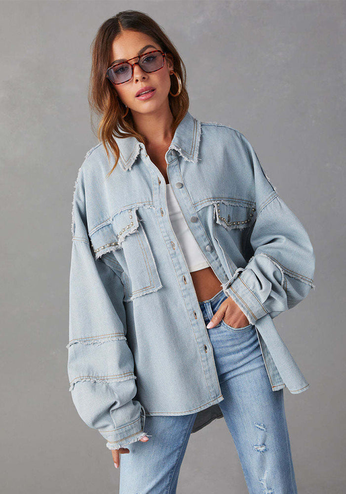 Women Autumn Rivets Turndown Collar Beard Denim Jacket