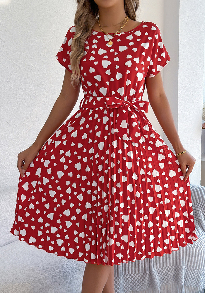 Women Spring and Summer Casual Contrast Heart Print Short Sleeve Pleated Dress