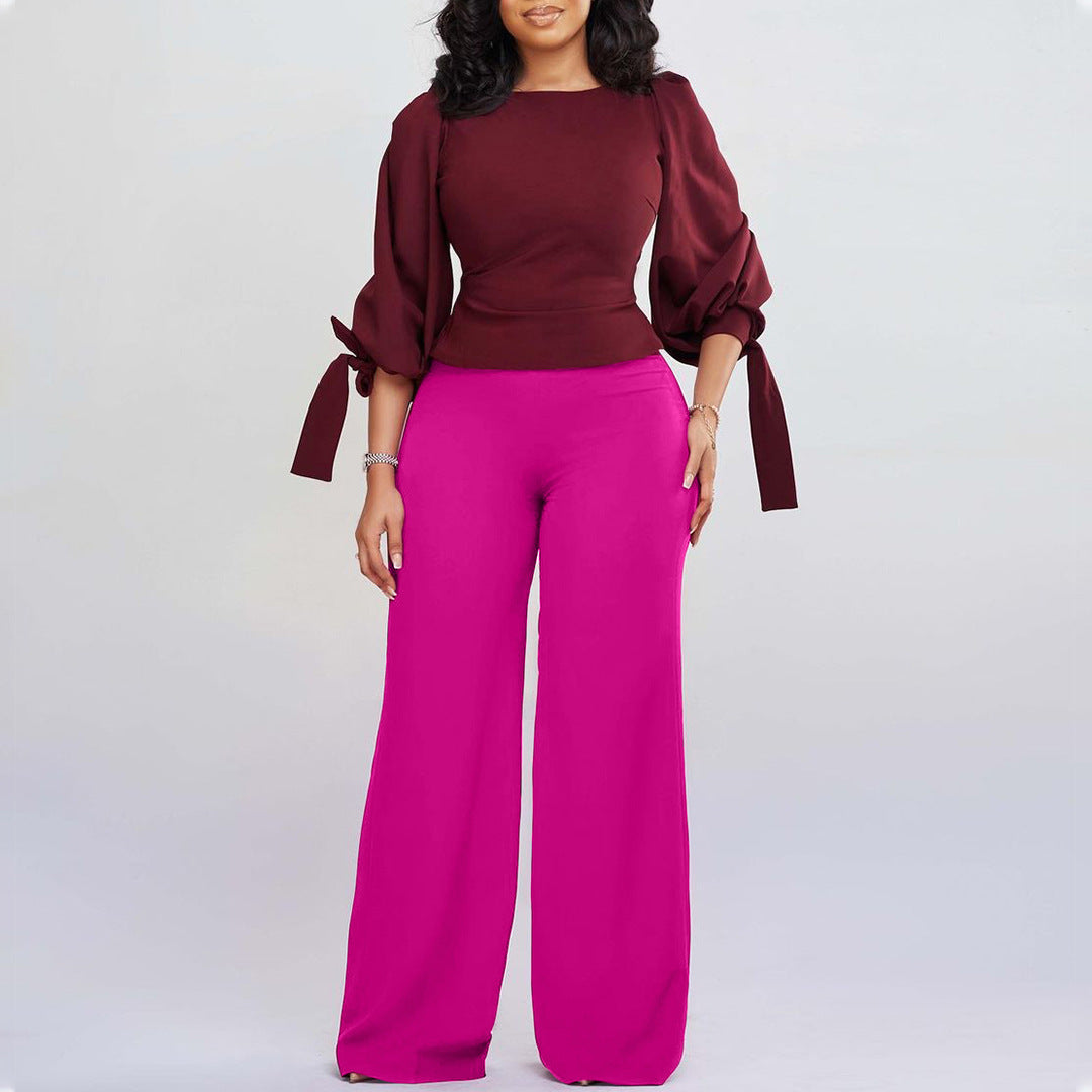 Women's Casual Set Loose Plus Size Lace-Up Top High Waist Wide Leg Pants Two-Piece Set 3