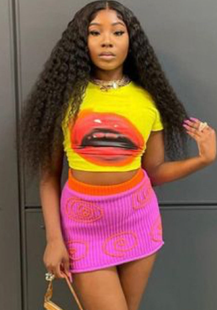 Summer Sexy Tight Fitting Modern Mouth Print Skirt Set