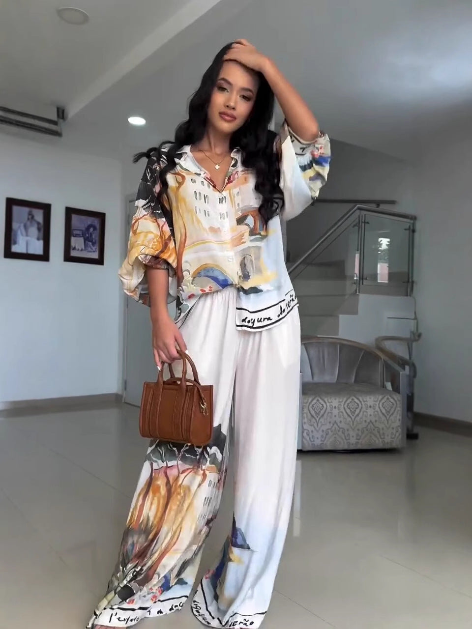 Women's Print Loose Fashion Lantern-Sleeve Blouse & Wide-Leg Pants Set 6