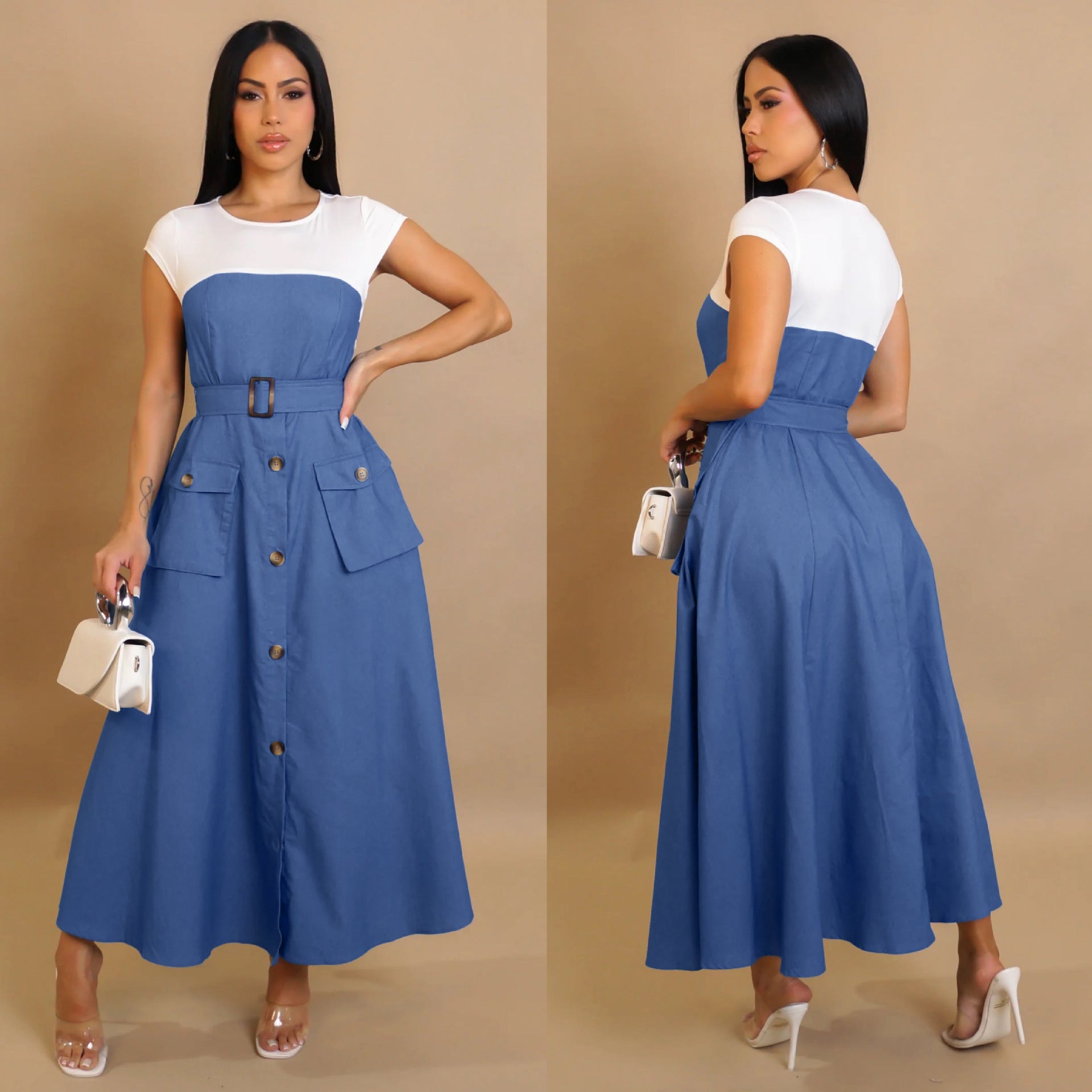 Elegant Career Denim Patchwork Contrast Color Pocket A-Line Dress 3