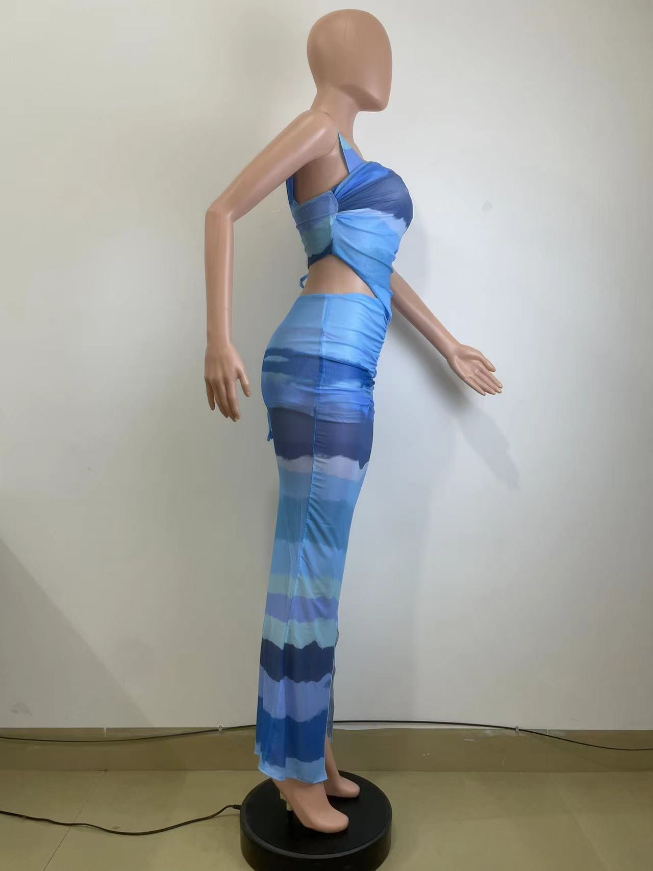 Women's Summer Fashion Printed Mesh Sexy Strap Vest Skirt Two Piece Set 8