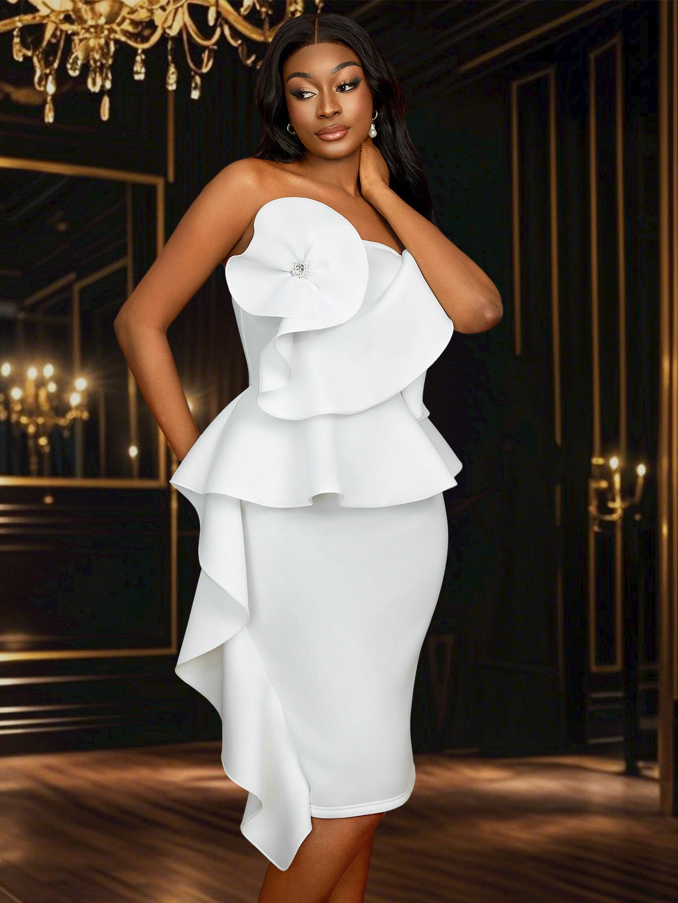 Women Sexy Strapless Lotus Leaf Lace Elegant Bodycon Dress 8