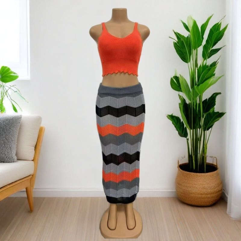 Autumn Sexy Hollow Out Patchwork Knitting Beach Holidays Style Long Skirt Set 3