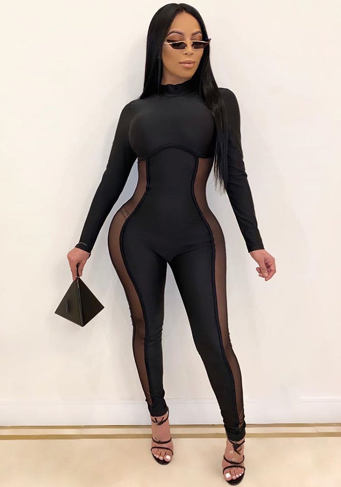 Women's Autumn Winter Sexy Tight Fitting Mesh Patchwork Long Sleeve Jumpsuit