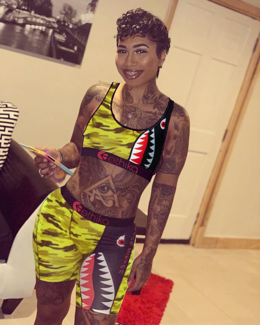 Cartoon Print Casual Camouflage Tank Biker Shorts Two-Piece Set 4