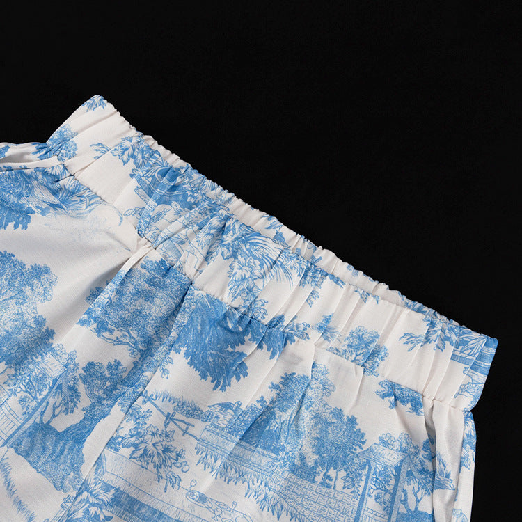 Women's Paint Print Turndown Collar Shirt High Waist Trousers Fashion Two-Piece Suit 17