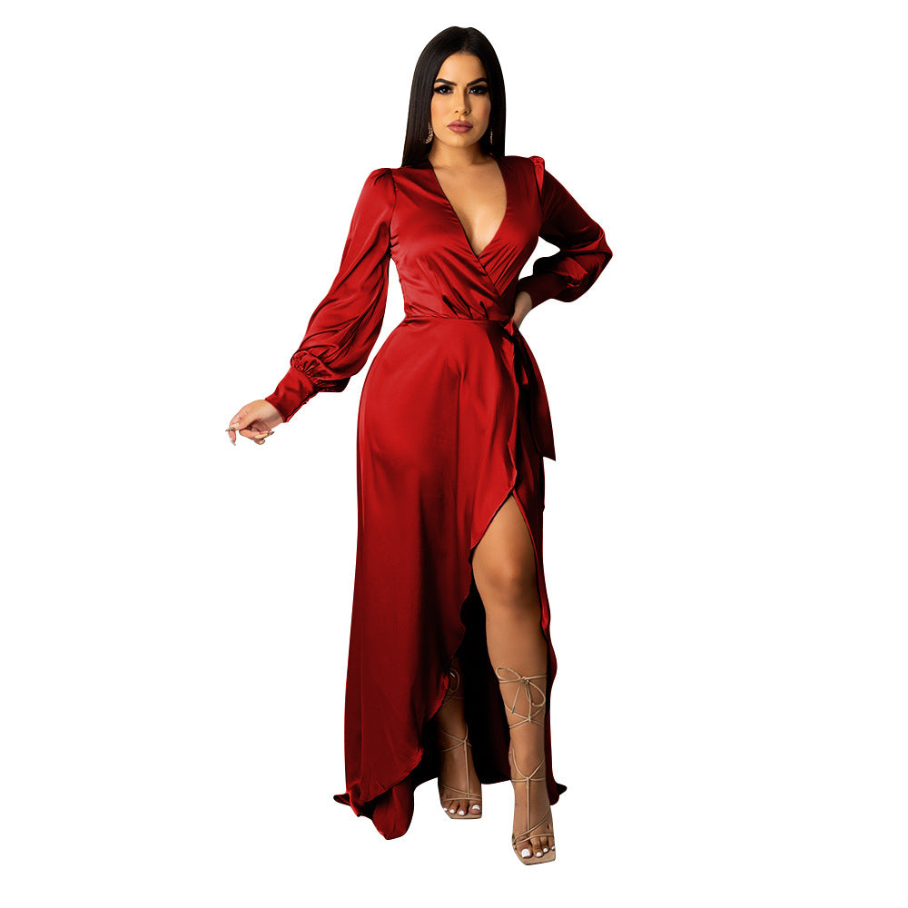 Women's Fashionable And Sexy V-Neck Solid Color Satin Lace-Up Irregular Long Dress 14