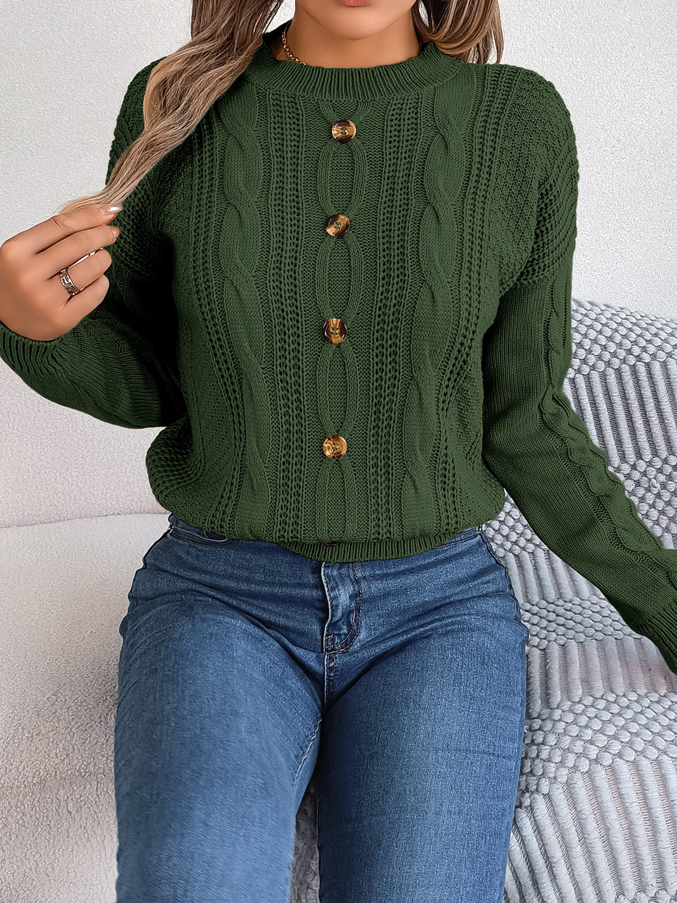 Women Casual Solid Button Long Sleeve Sweater 10