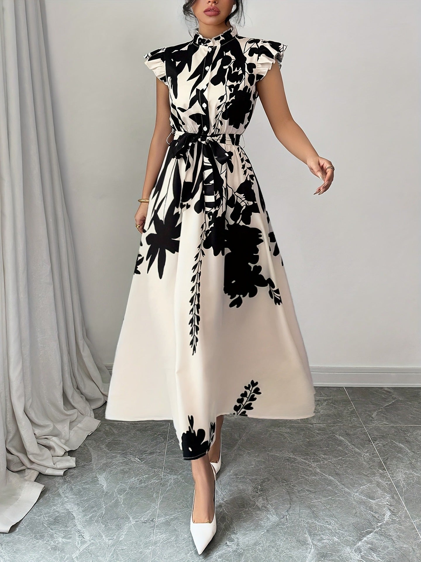 Women's Print Stand Collar Button-Down Ruffle Sleeves Slim Waist Belt Maxi Dress 8