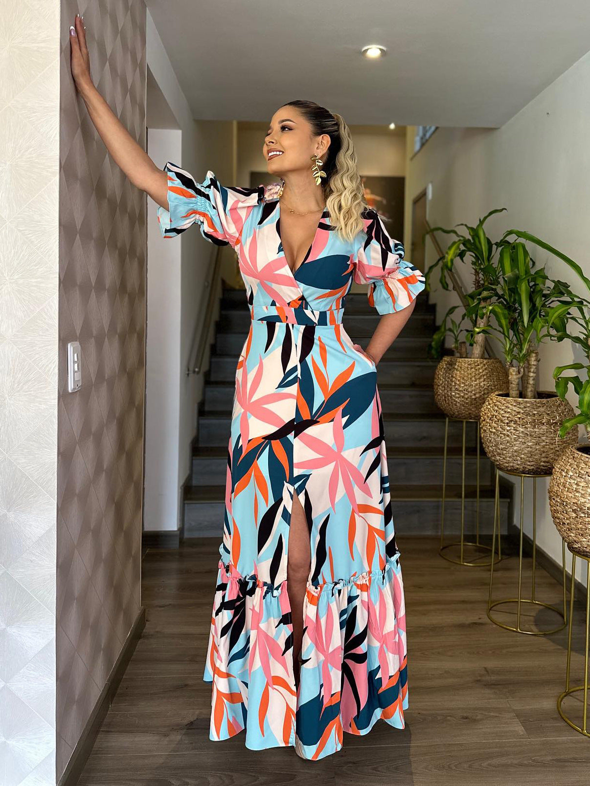 Women's Printed Puff Sleeve V-Neck Ruffle Long Dress