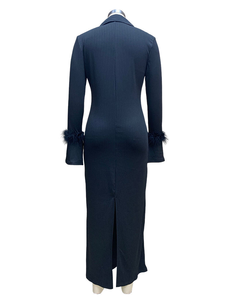 Women Turndown Collar Long Sleeve Feather Maxi Dress 10