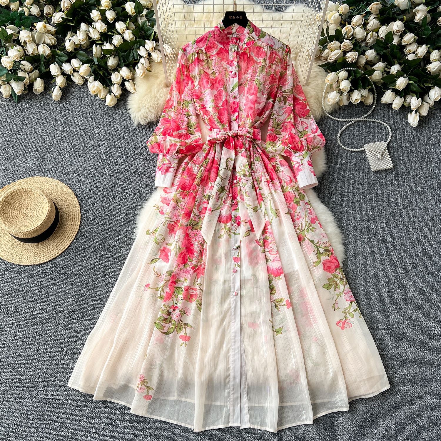 Printed Stand Collar Long-Sleeve Slim Waist Belt Chiffon Maxi Dress 18
