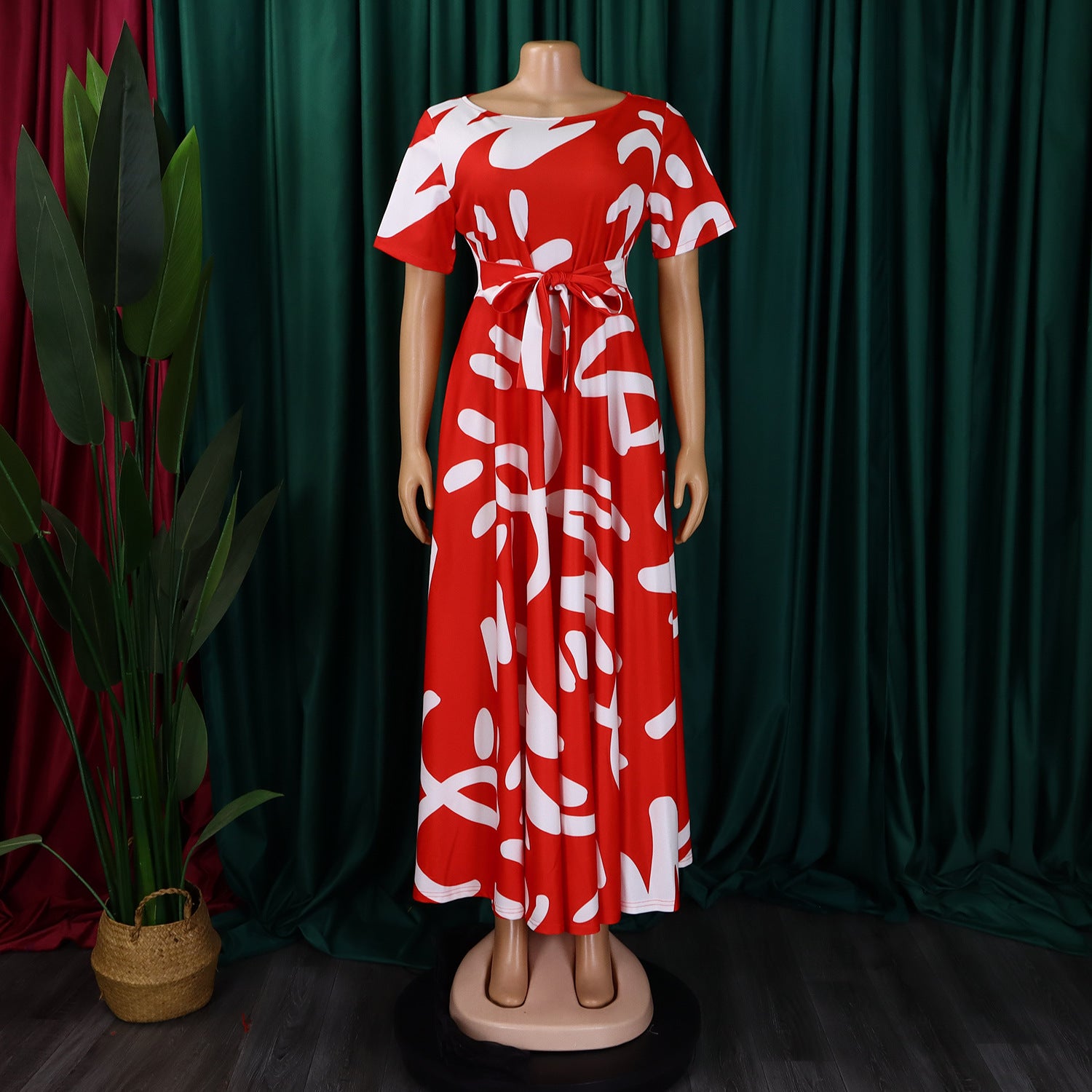 Women's Fashion Chic Tie-Waist African Plus Size Short Sleeve A-Line Dress 34