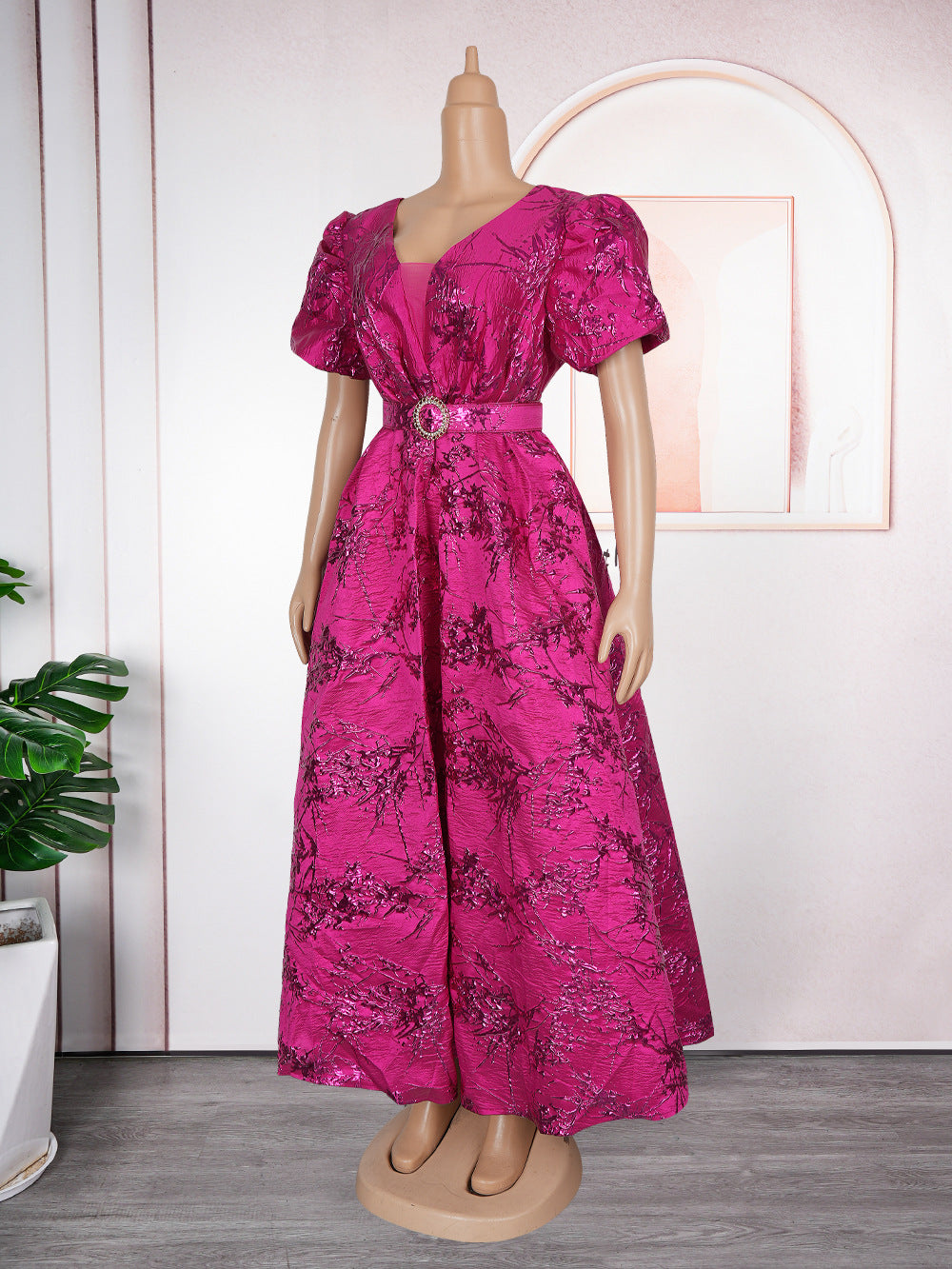 Chic Plus Size Dress Women Africa Mesh V-Neck Party Gown with Belt 11