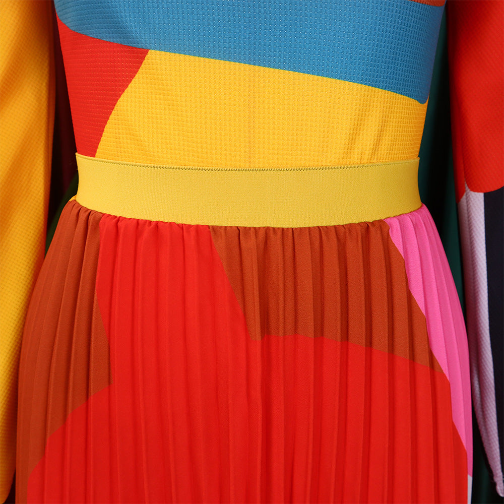 Women Autumn Pleated Print Contrast Color Long-sleeved Top and Skirt Two-Piece Set 16