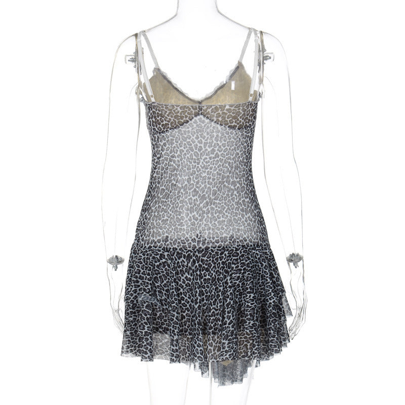 Women Summer Leopard Print V-neck Mesh Patchwork Ruffle Strap Dress 8