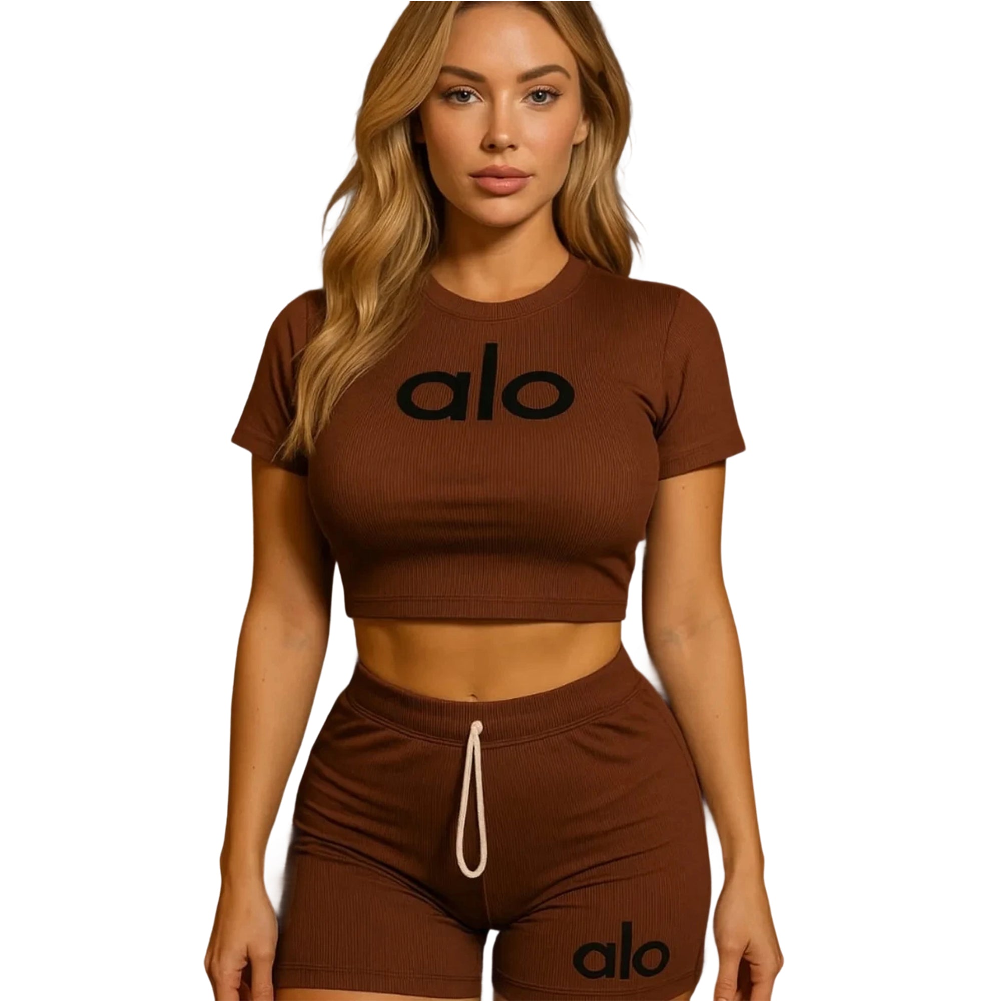 Women summer Stretch Round Neck short-sleeved top and shorts two-piece set 3