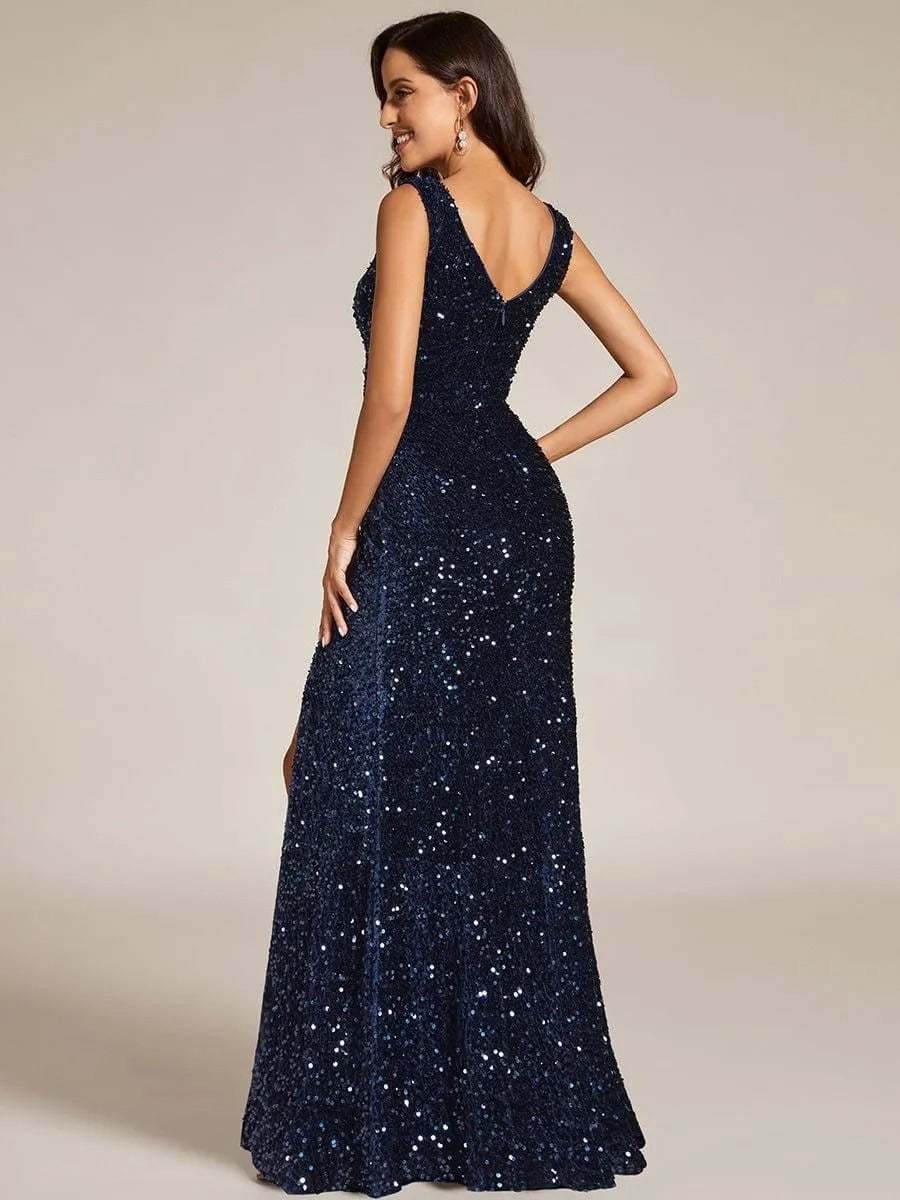 Summer Elegant Sequin V-Neck Slit Formal Party Evening Gown 4