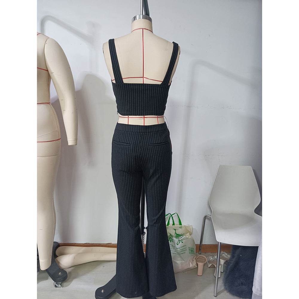 Women Summer Casual lace Suspender Top and Bell Bottom Long Pants Two-piece Set 8